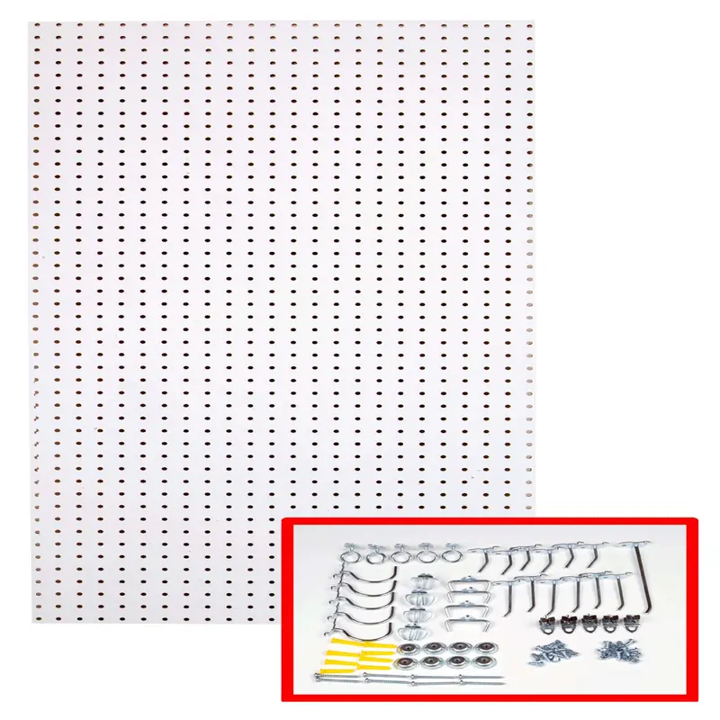 24 In. W x 48 In. H x 1/4 In. D Custom Painted Blissful White Heavy Duty Tempered Round Hole Pegboards with 36 pc. Locki