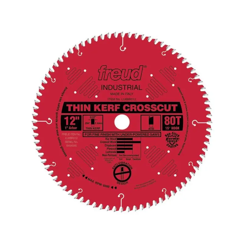 LU88R012 Thin Kerf Fine Finishing Blade 12" x 1" Bore x 80 Tooth ATB Thin Kerf