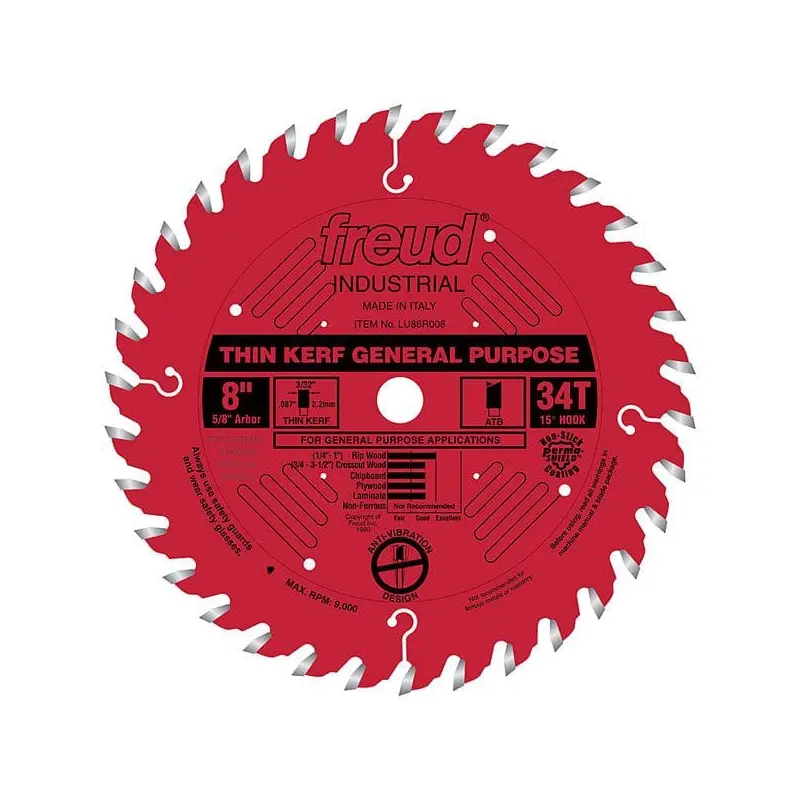 LU86R008 Industrial Thin Kerf General Purpose Blade with Red Perma-Shield, 8" diameter, 5/8" a
