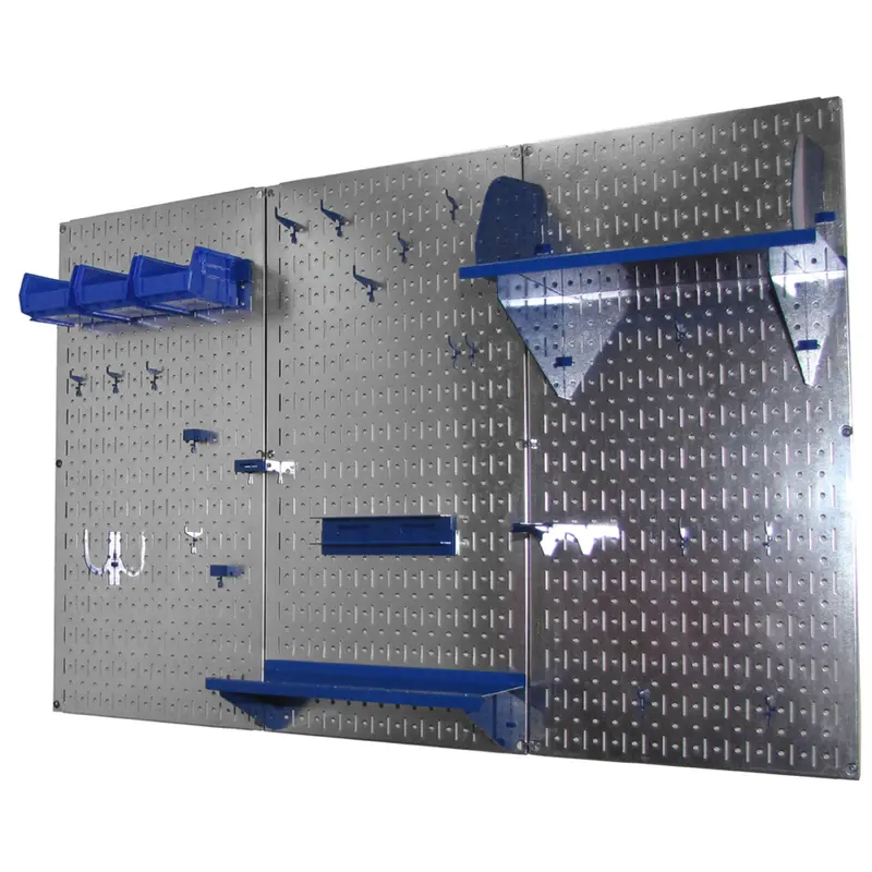 4' Metal Pegboard Standard Tool Storage Kit - Galvanized Metallic Toolboard & Blue Accessories