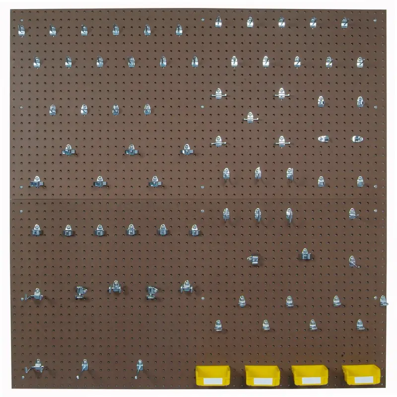 (2) 24 In. W x 48 In. H x 1/4 In. D Tempered Wood Pegboards with 79 pc. DuraHook Assortment, 4 Hanging Bins & Wall Mount