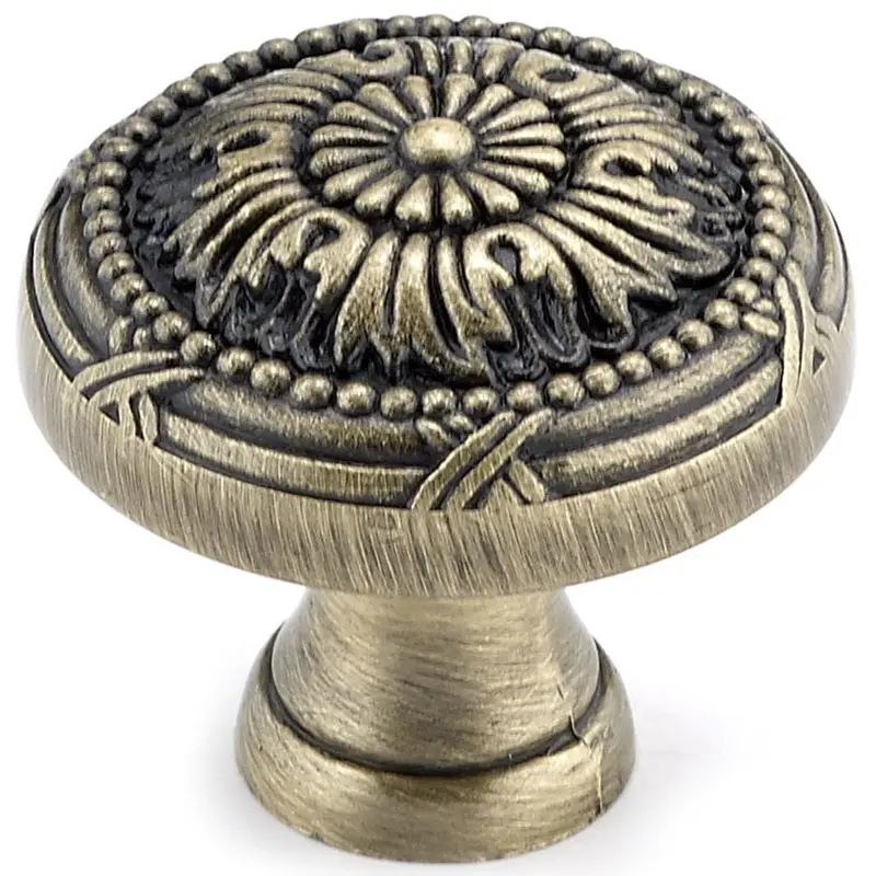 Traditional Metal Knob with Decorative Detailing - 1-1/4" Diameter - Antique English