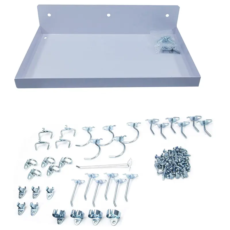 DuraHook 12"W x 6"D Locking Steel Pegboard Shelf with 36 pc Durahook Assortment - White