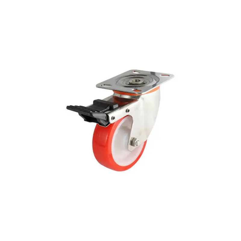 Swivel Plate Castor with Brake - Urethane Wheel, Red S5 Series