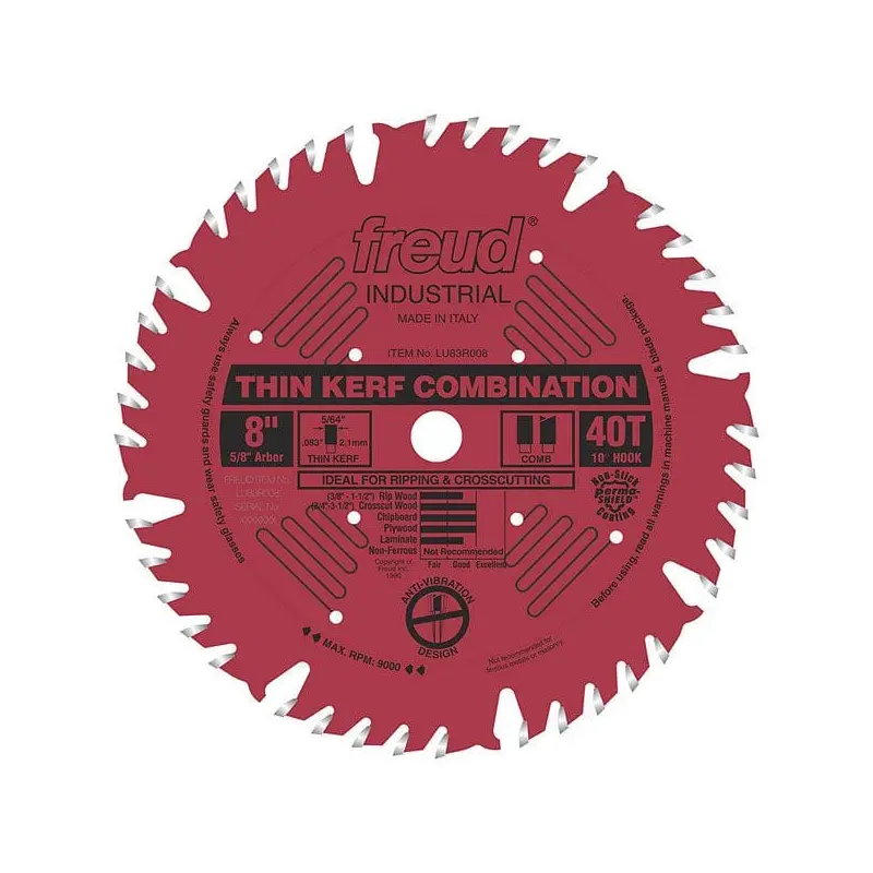 LU83R008 Industrial Thin Kerf Combination Blade with Red Perma-Shield, 8" diameter, 5/8" arbor
