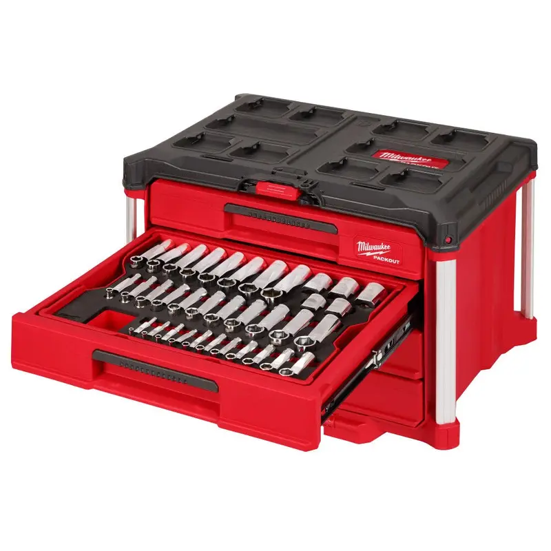 242 Pc. 1/4, 3/8, & 1/2 Drive Metric & SAE Ratchet & Socket Set with PACKOUT 4-Drawer Tool Box