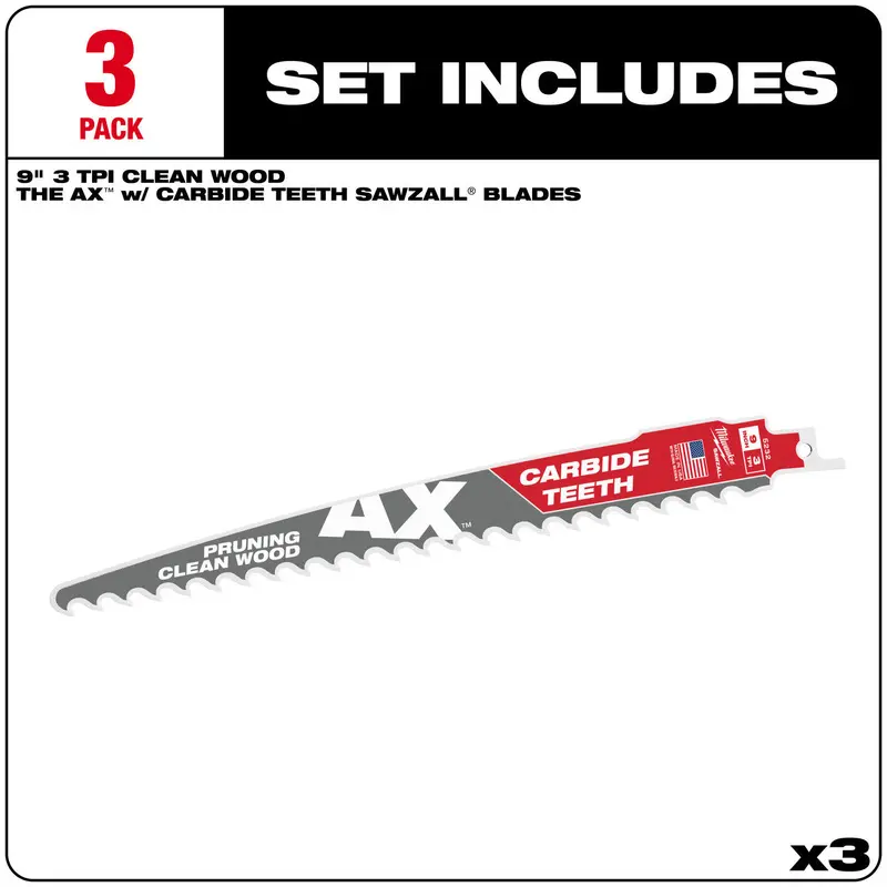 9" 3 TPI The AX with Carbide Teeth for Pruning & Clean Wood SAWZALL Blade 3PK