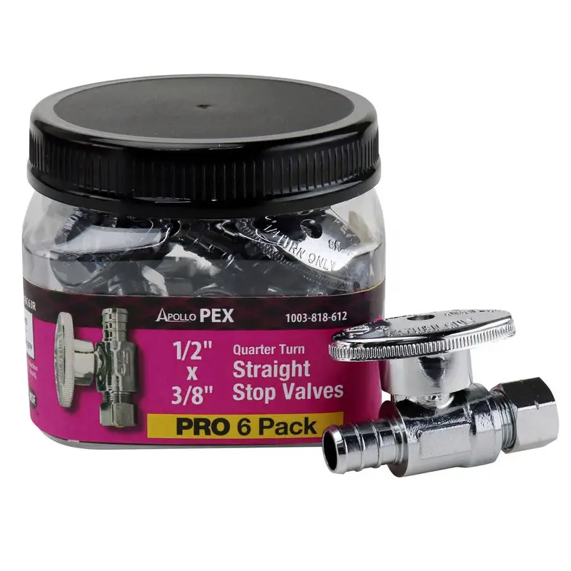 Apollo 1/2 in. Chrome-Plated Brass PEX-B Barb x 3/8 in. Compression Quarter-Turn Straight Stop Valve Pro Pack (6-Pack)
