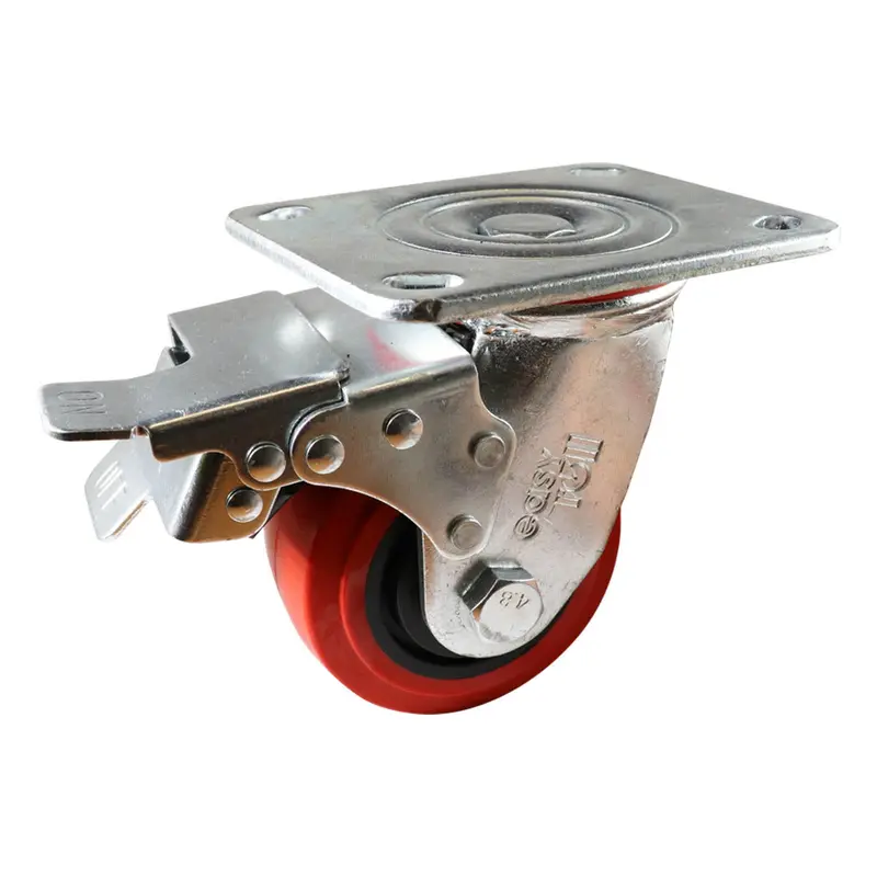 Swivel Plate Castor with Brake - Urethane Wheel, Red J3 Series